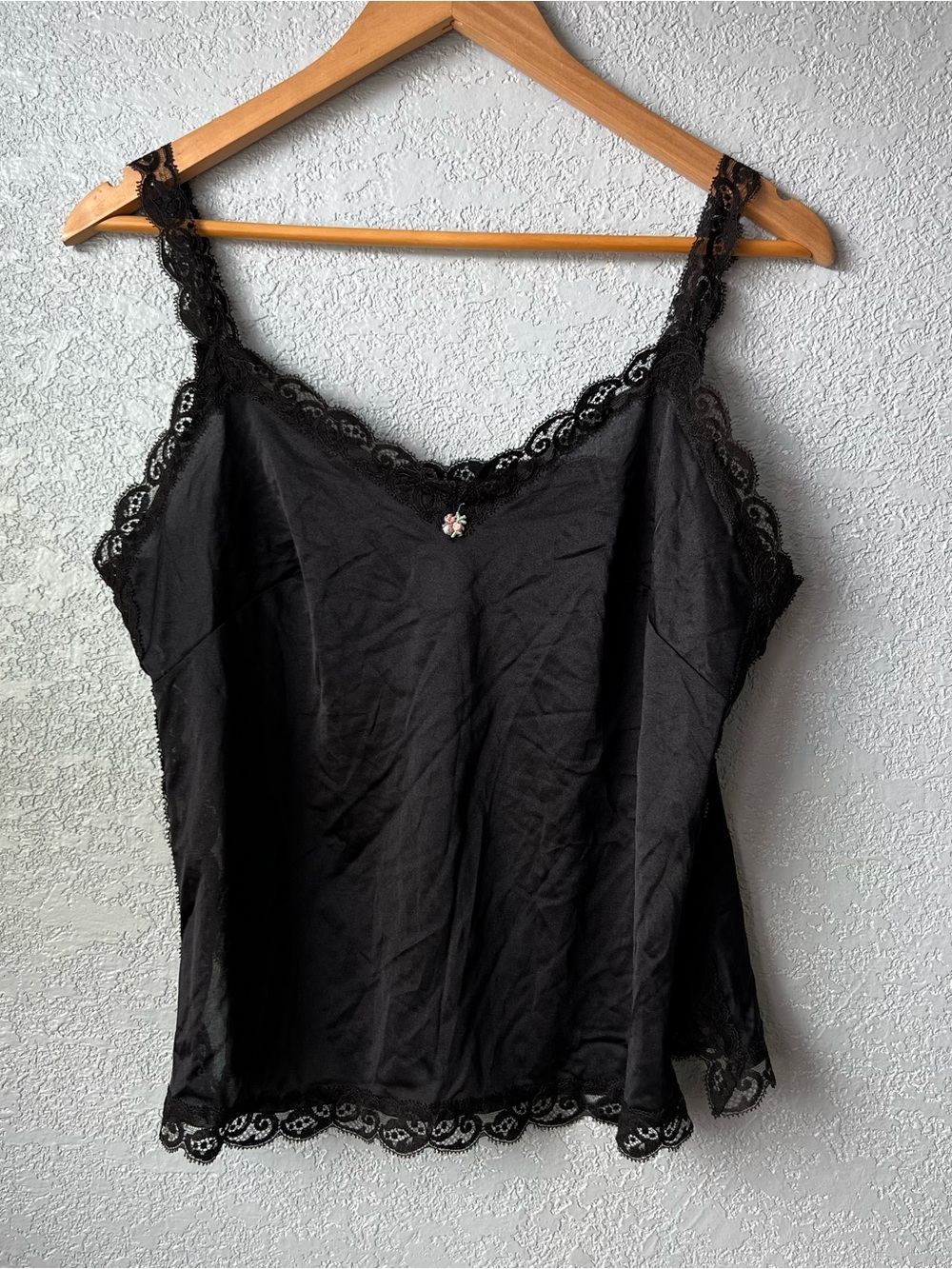 Vintage Black Lace Nylon Cami Top Y2K Fairy Grunge Lingerie Slip Tank Size M